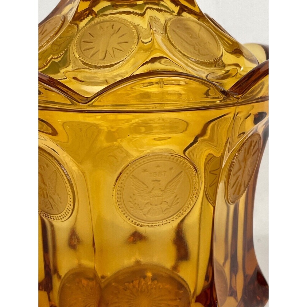 Vintage Fostoria Coin Amber Glass Lidded 1887 Candy Dish Liberty Torch Eagle USA - Picture 3 of 9